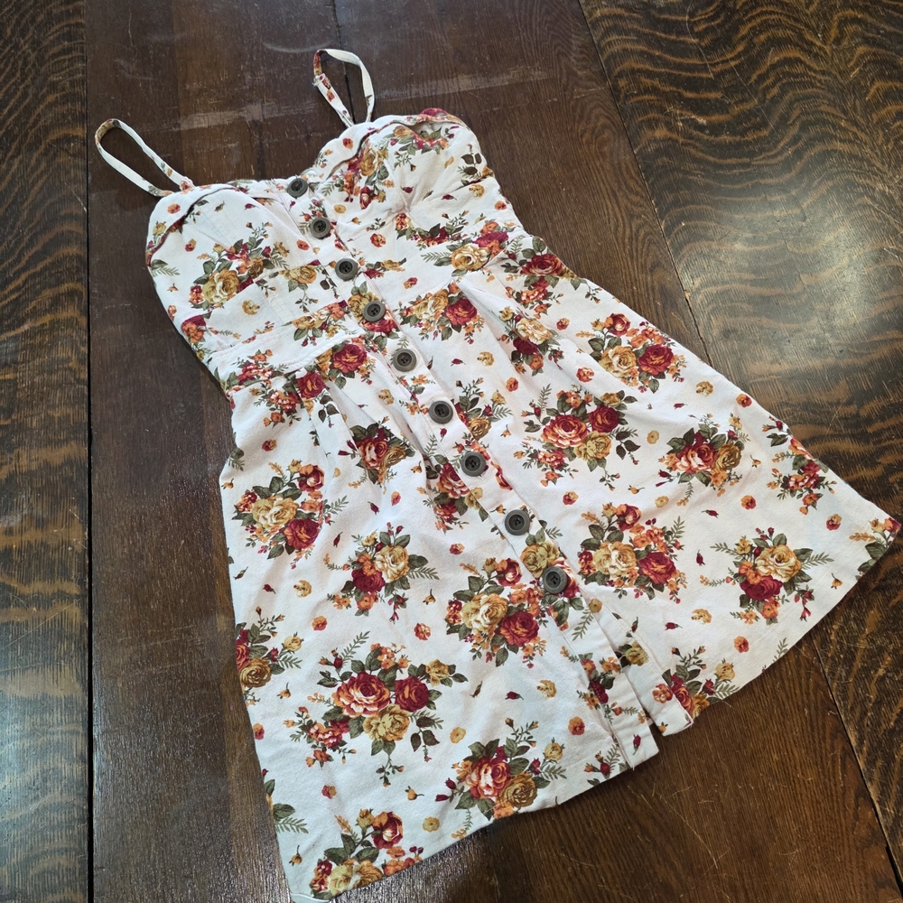 Poetry Floral Bustier Linen Tapestry Button Up Midi Dress M